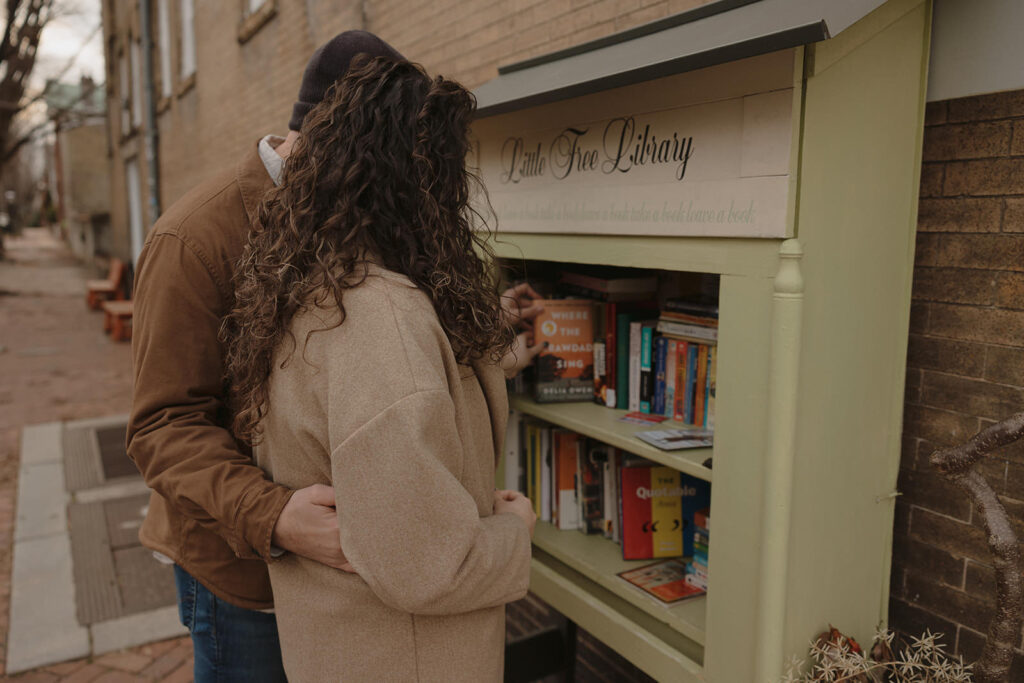 RVA engagement session with a free little library